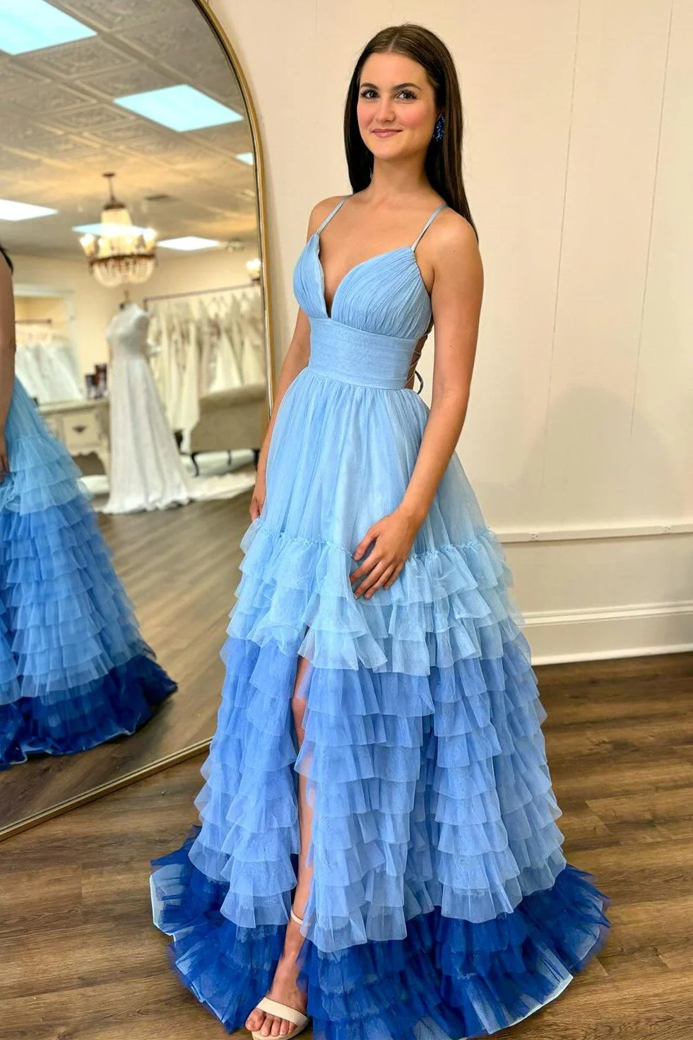 V-Neck Ruffle Tiered Prom Dress in Lavender and Purple Ombre - Image 3