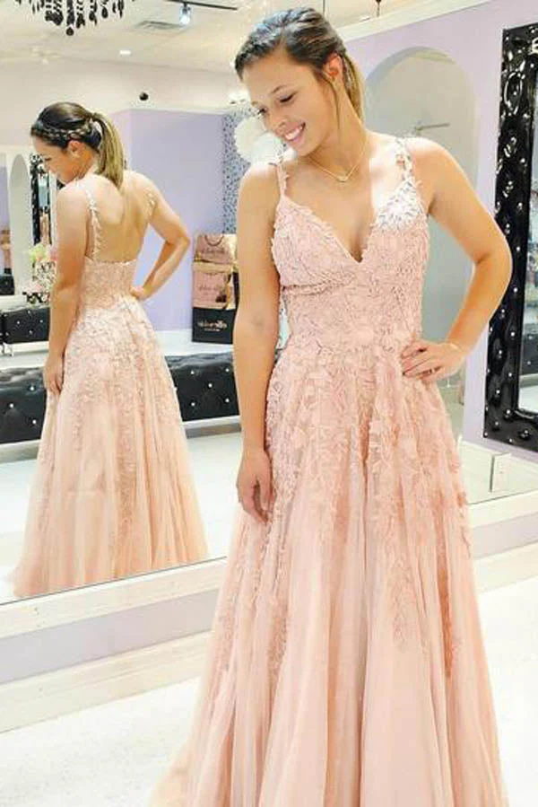 V-neck Sky Blue Lace Prom Dresses Long Rose Red Formal Maxi Dress - Image 3