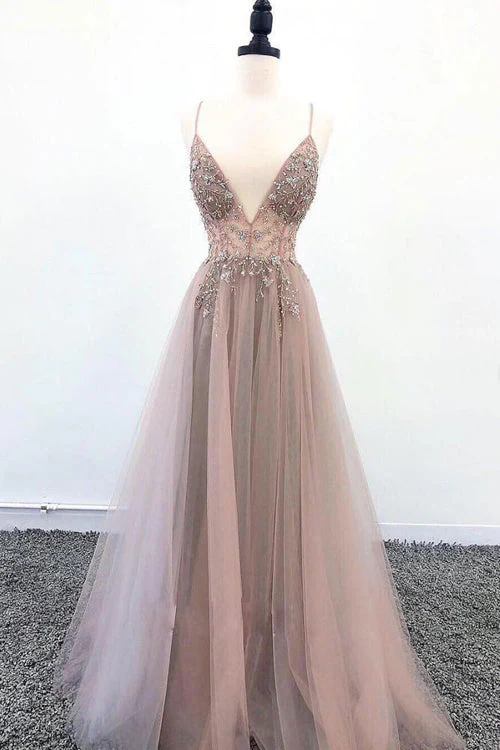 V-Neck Spaghtti Straps Light Grey-Blush Prom Dresses with Split, Beaded Prom Dresses - Image 2