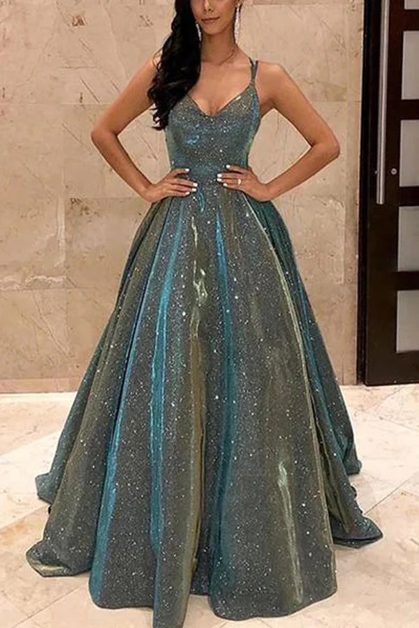 V-neck Sparkly Satin Long Prom Dresses with Pockets,Cross Back Evening Dresses - Image 2