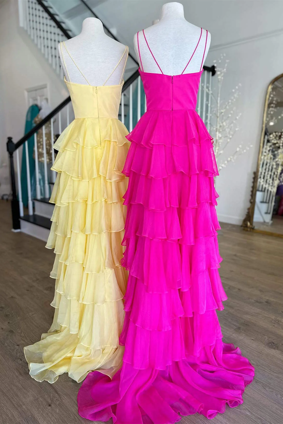 V-Neck Straps Ruffle Chiffon Prom Dress with Slit - Image 4