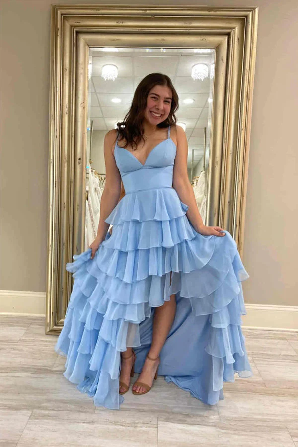 V-Neck Straps Fuchsia Ruffle Chiffon Prom Dress with Slit - Image 5