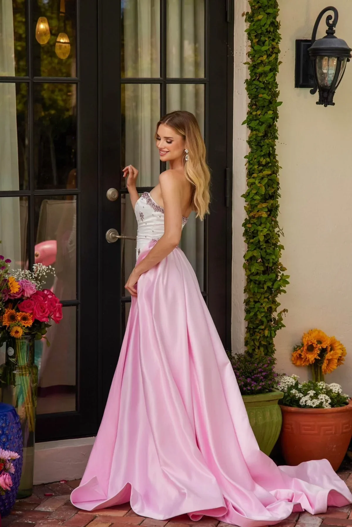 Whimsical White-Pink Strapless Beaded Mermaid Formal Gown - Image 3