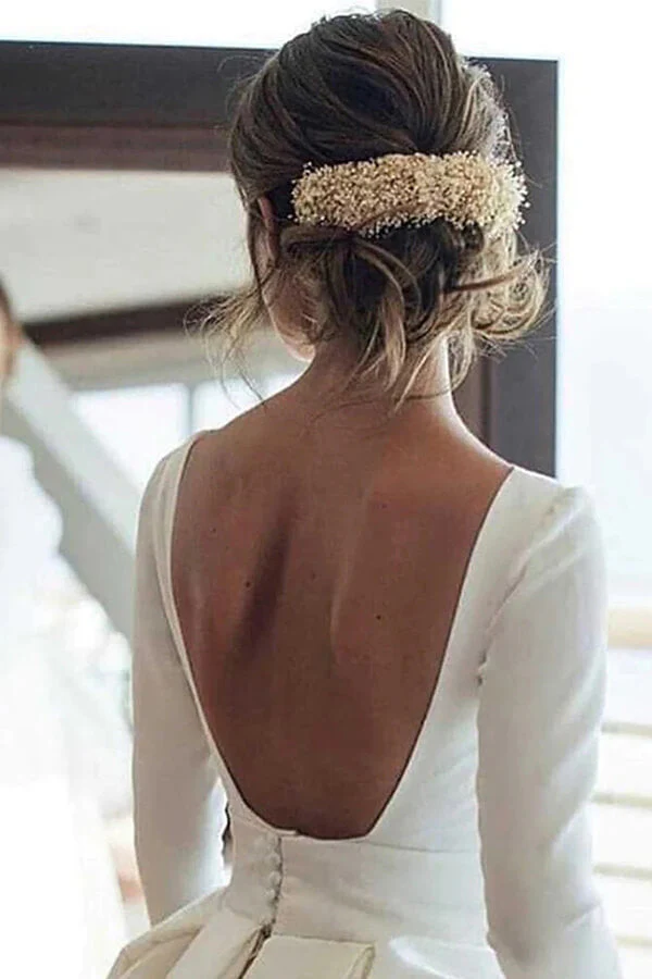 White Ball Gown Long Sleeves Backless Wedding Dresses With Pocket - Image 3
