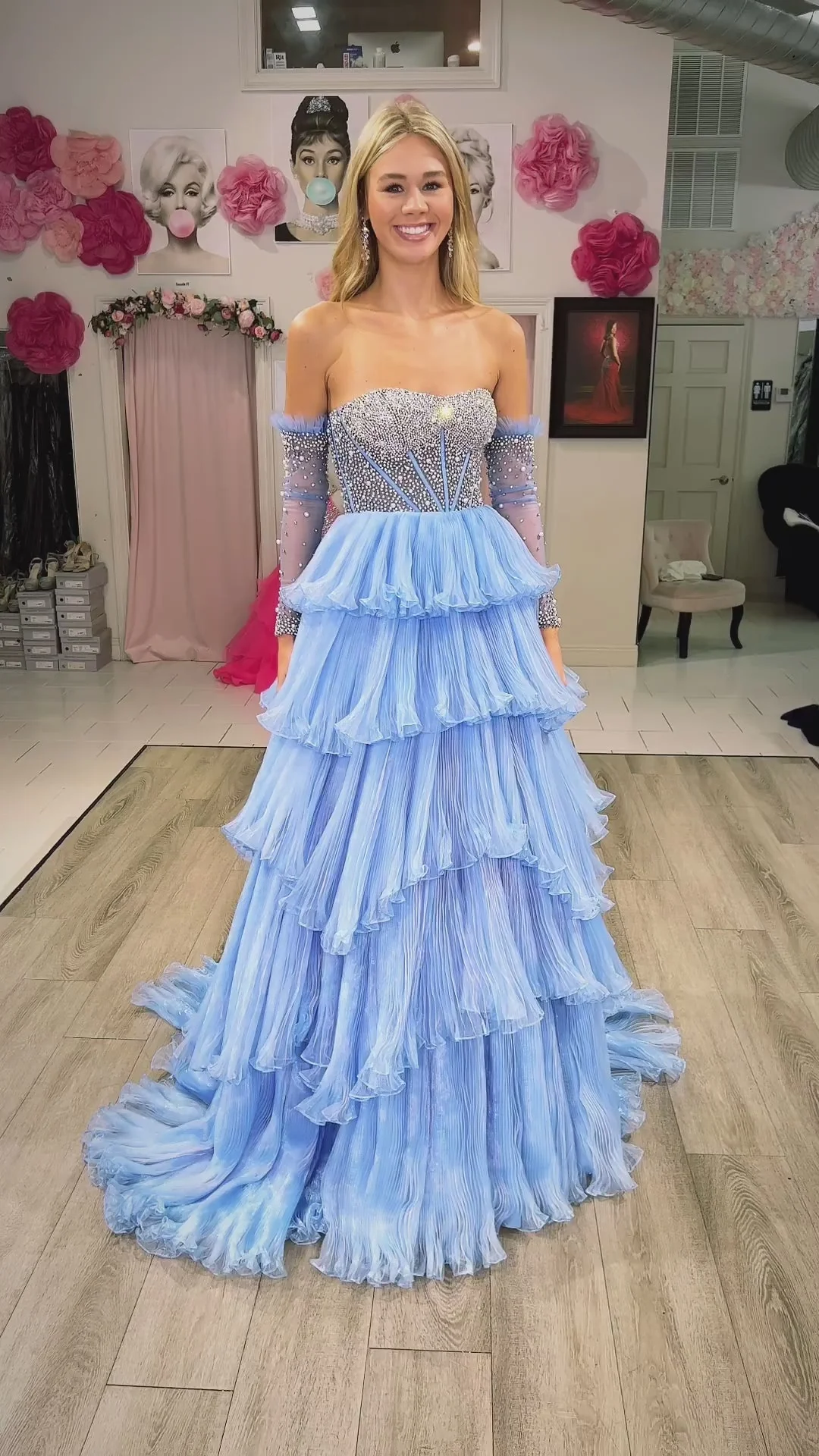 A-line Sweetheart Tiered Organza Prom Dress with Detachable Sleeves - Image 8
