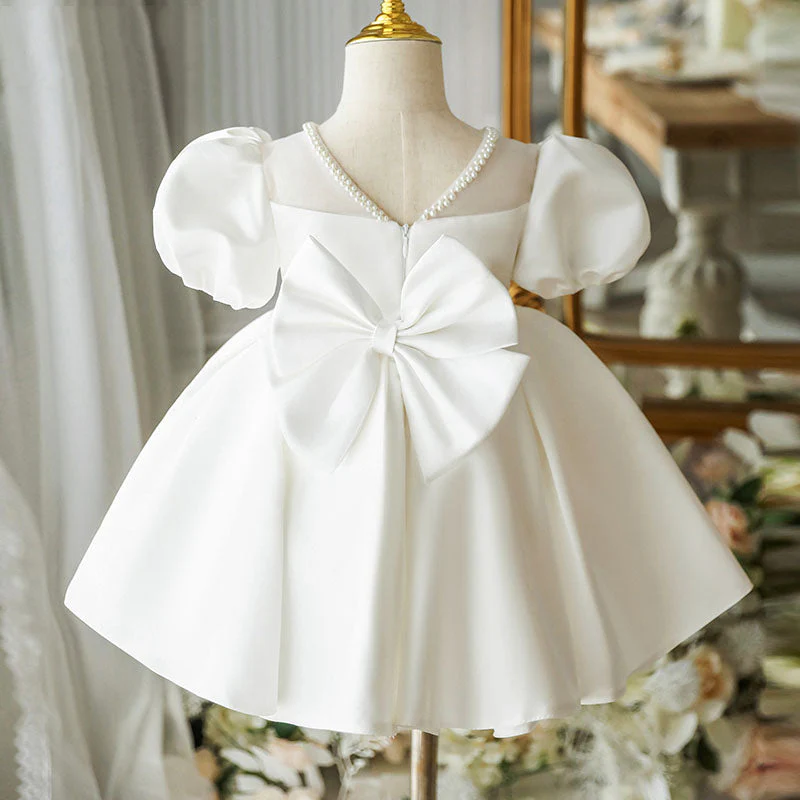 First Communion Dress Baby Girl White Textured Beaded Neck Puffy Christening Dress Toddler Prom Dress - Image 2