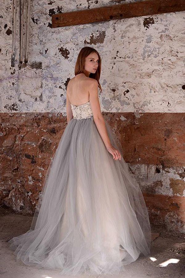 A-line White Lace Grey Tulle Strapless Sweetheart Neck Wedding Dress WD071 - Image 2