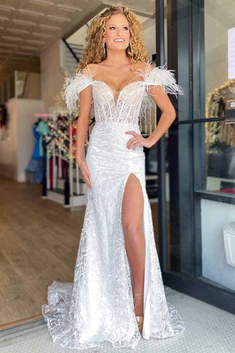 Mermaid Feather Off the Shoulder Lace Prom Dress - Image 5