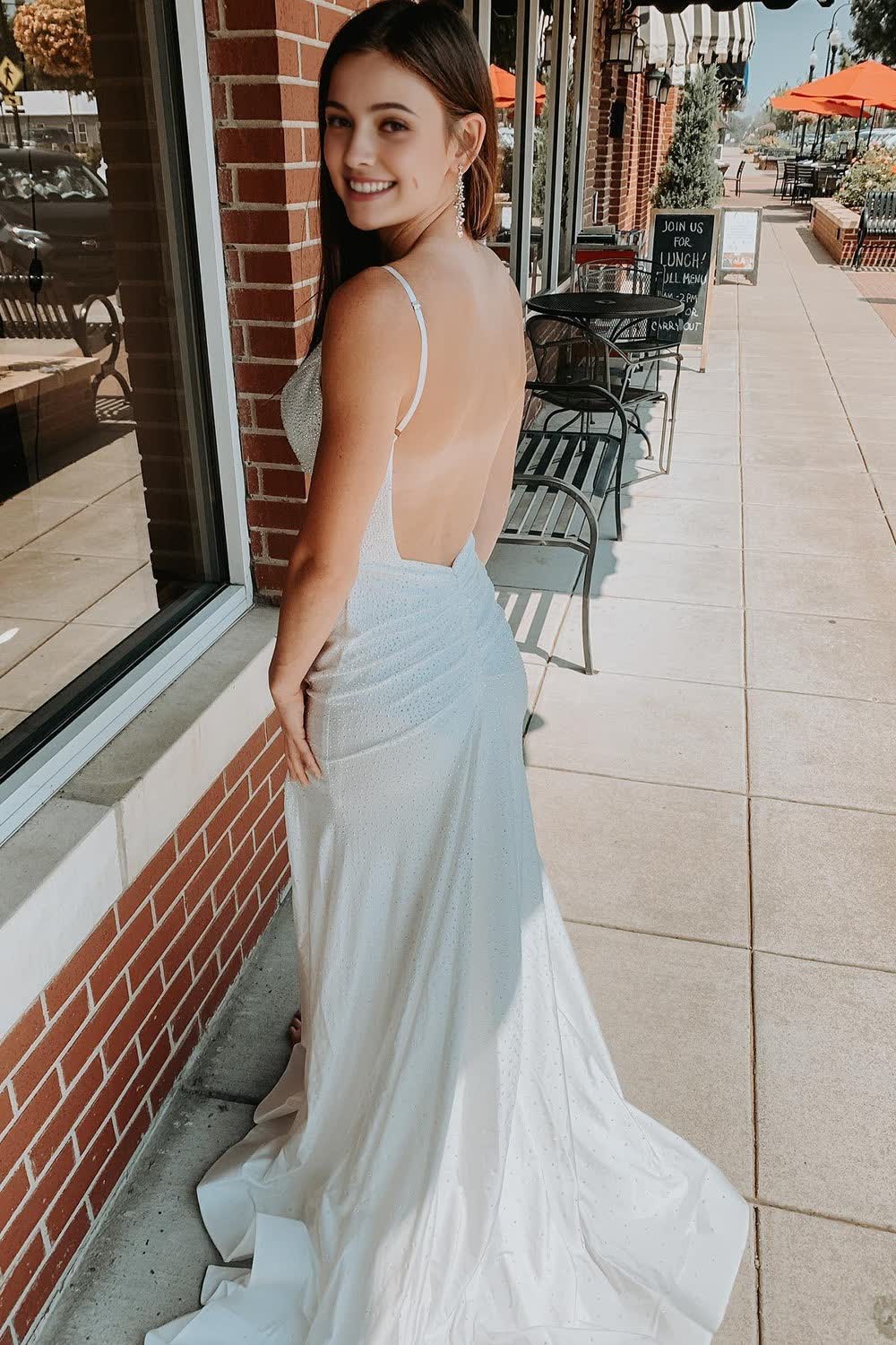 White Spaghetti Straps Backless Long Prom Dress With Beading - Image 3
