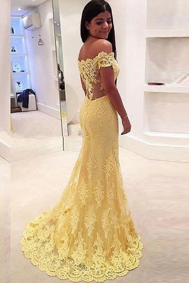 Off-the-Shoulder Lace Sweep Train Mermaid Prom Dresses Evening Dresses