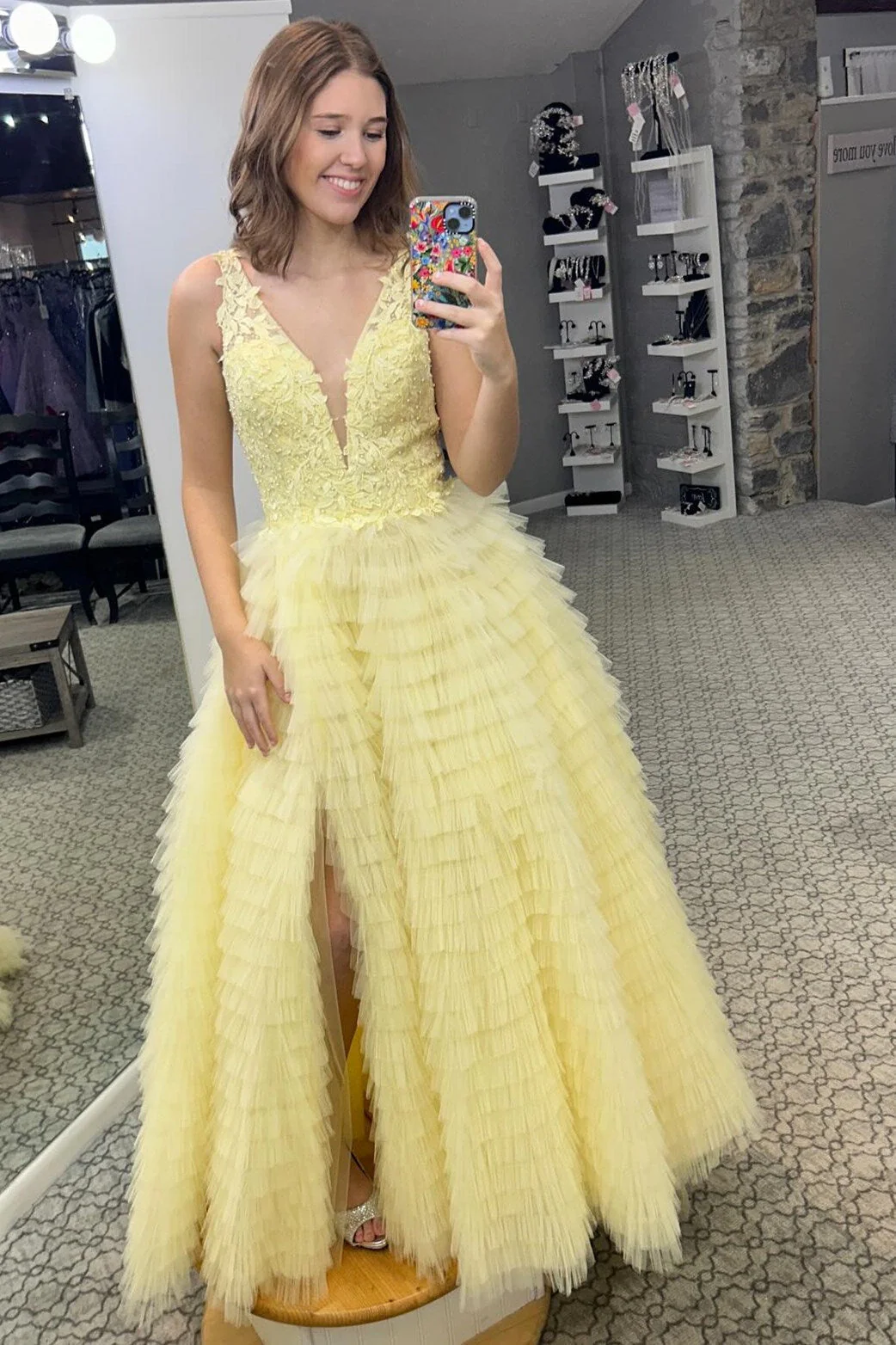 Plunge V Ruffle Tiered Long Prom Dress with Slit - Image 2