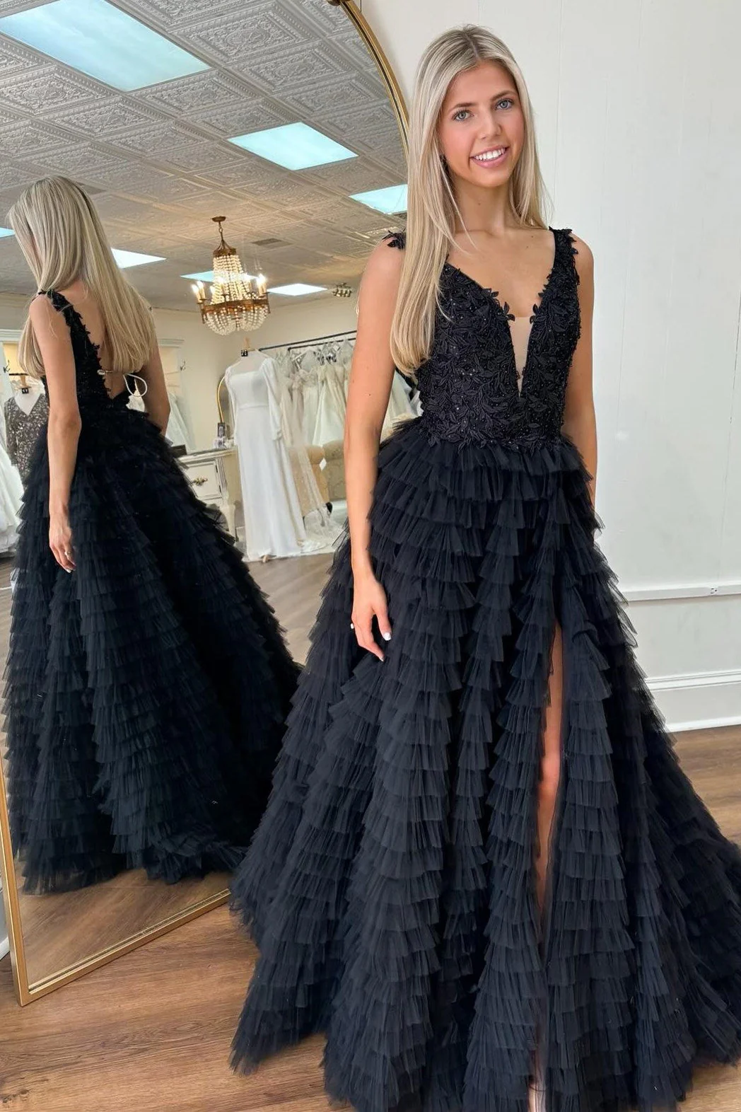 Plunge V Ruffle Tiered Long Prom Dress with Slit - Image 4