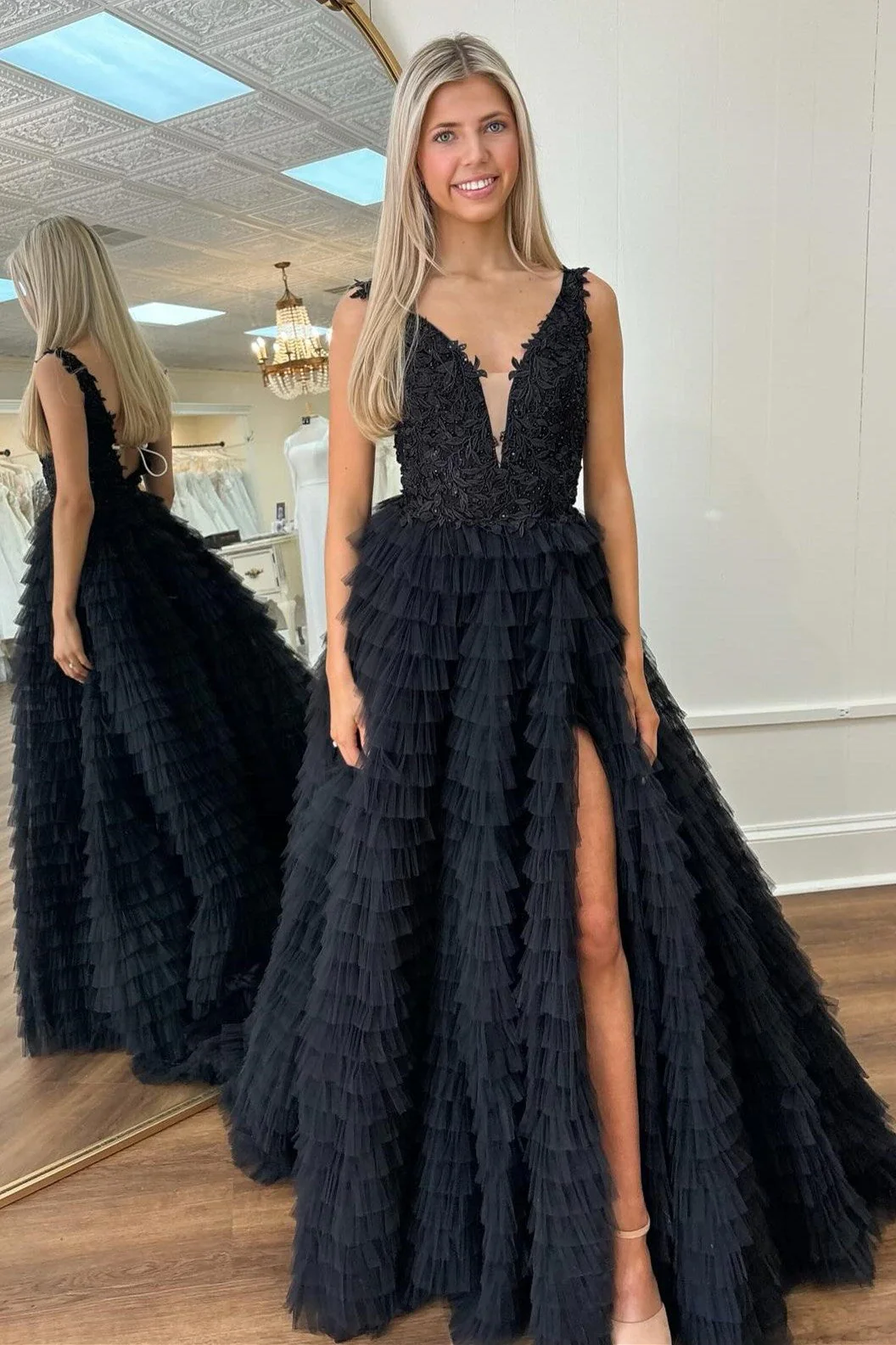 Plunge V Ruffle Tiered Long Prom Dress with Slit - Image 5