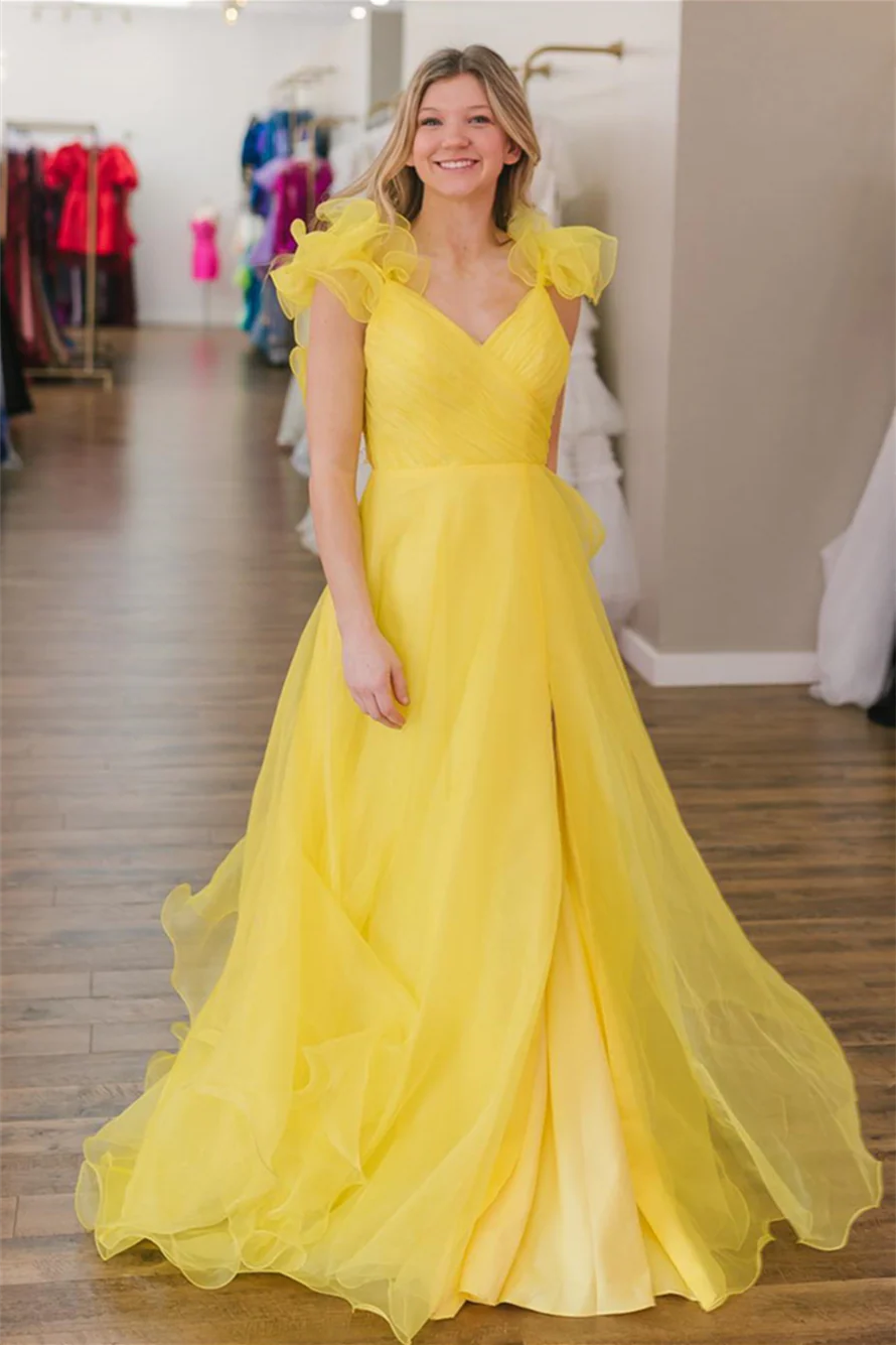 Surplice Ruffle Straps Tulle Long Prom Dress with Slit